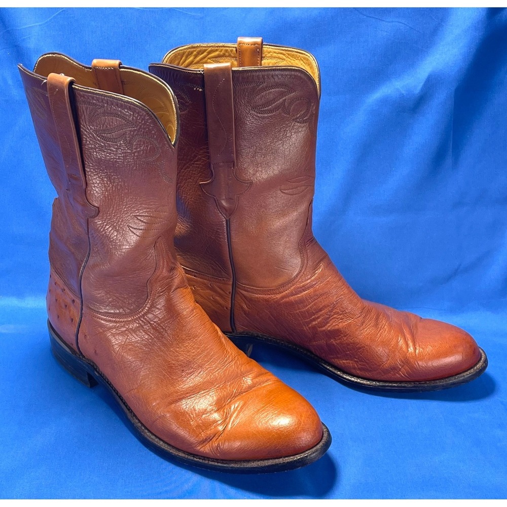 Lucchese Classics L3095RR Ostrich Leg Cowboy Boots USA Made Cognac Tan 11 EE